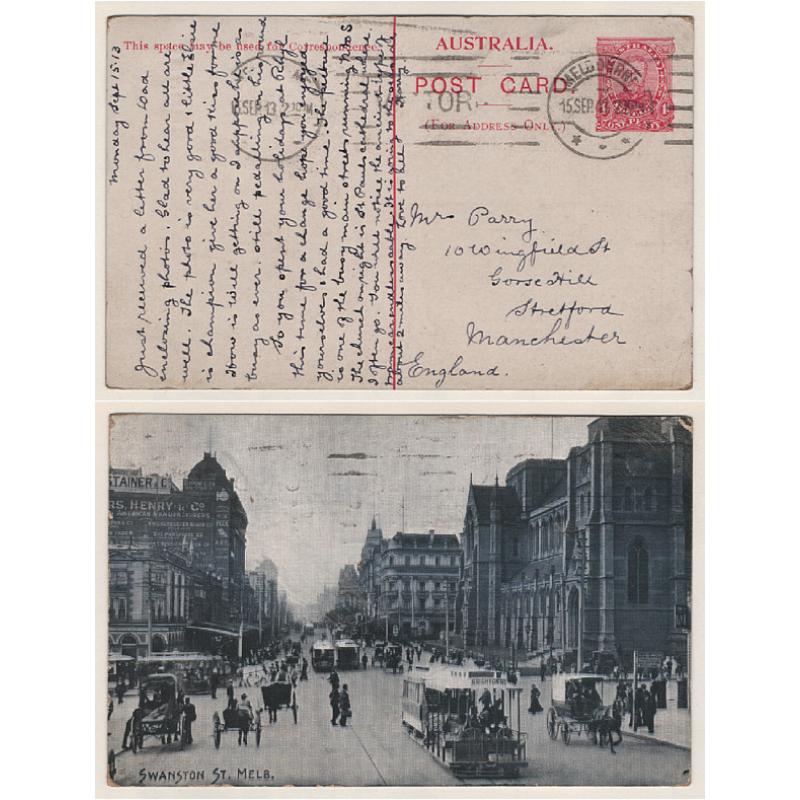 (EE15005) AUSTRALIA · 1911: used 1d rose-pink fullface KGV pictorial postal card w/view of SWANSTON STREET MELB. in black (looks bluish-black) BW P21(7) · some minor imperfection but overall, a very collectable example · c.v. AU$50