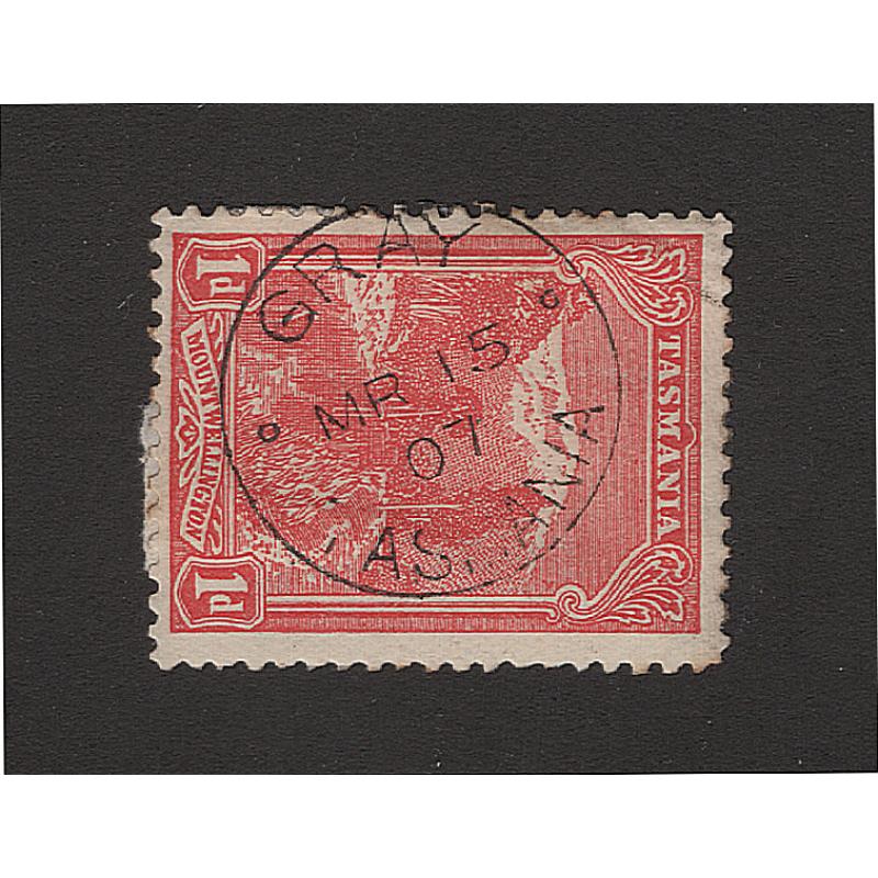 (EE15007) TASMANIA · 1907: a light but clear and nearly complete strike of the GRAY Type 1 cds on a 1d Pictorial · postmark is rated RR(11)