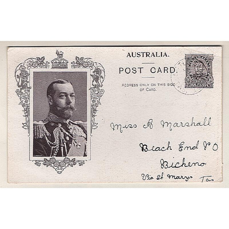 (EE15018) AUSTRALIA · 1911: 1d purple-black KGV Coronation postal card BW P4(2)A postally used from Little Swanport to Bicheno in Tasmania · excellent condition · c.v. AU$60