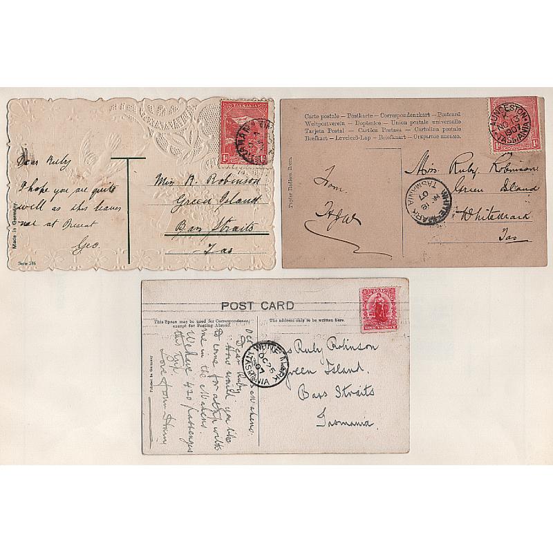 (EE15024) TASMANIA · 1907/08: three postcards to the same addressee on GREEN ISLAND in Bass Strait near Flinders Island · a rare destination indeed!! · two cards have WHITEMARK transit postmarks · VG to excellent condition