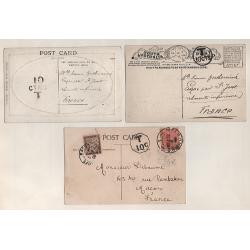 (EE15025) AUSTRALIAN COLONIES  c.1910: five PPCs mailed to France without franking (4) or with insufficient postage · TAX markings from NSW, QLD, TAS, SA and VIC ..... see both largest images · excellent condition throughout (5)