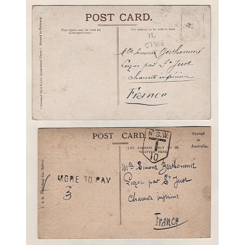 (EE15025) AUSTRALIAN COLONIES  c.1910: five PPCs mailed to France without franking (4) or with insufficient postage · TAX markings from NSW, QLD, TAS, SA and VIC ..... see both largest images · excellent condition throughout (5)