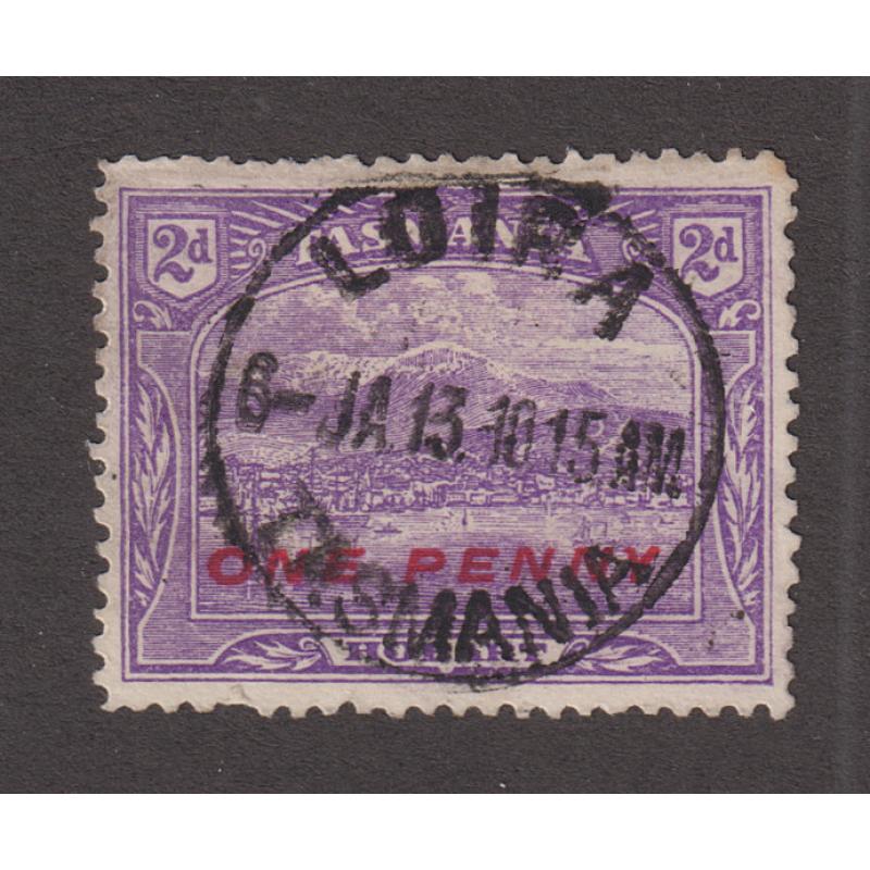 (EP1000) TASMANIA · 1913: a well-inked but clear and complete strike of the LOIRA Type 3 cds on a ONE PENNY surcharged 2d Pictorial ·dated Jan 6th, this postmark is rated RR+(12)