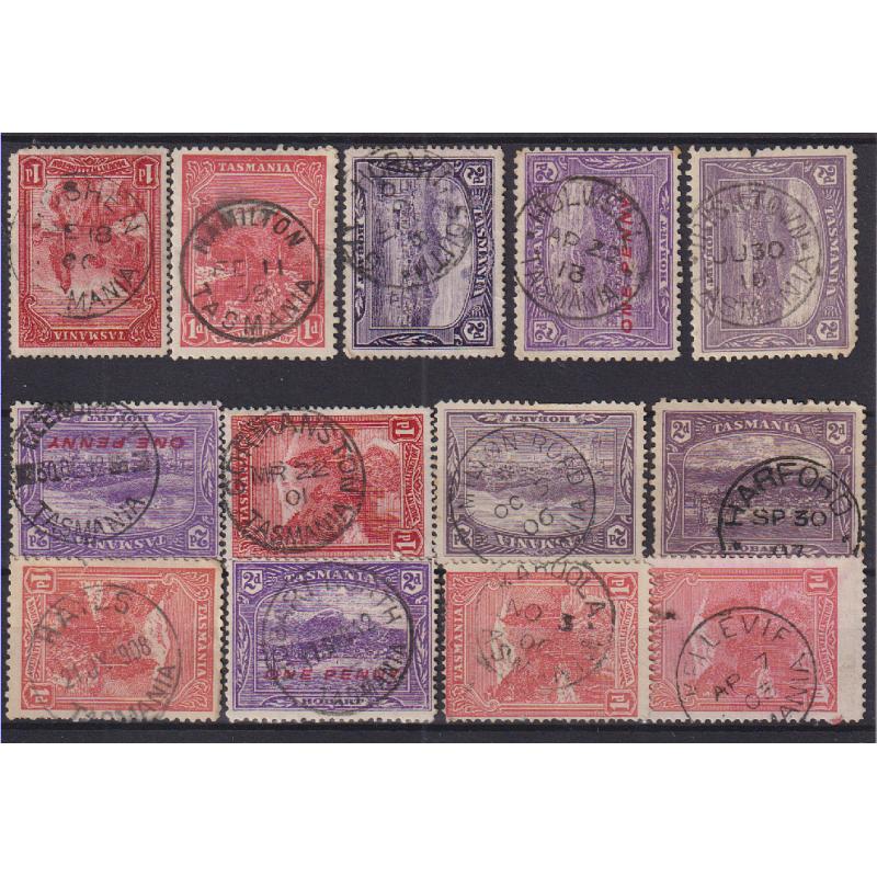 (EP1008) TASMANIA · a Baker's Dozen of selected postmarks on 1d & 2d Pictorials · noted "better" including GOSHEN, HOLWELL, HAMILTON ROAD, HAYES, HOBART NORTH and KELLEVIE, etc. (13)