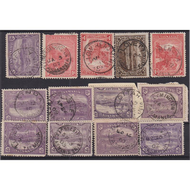 (EP1011) TASMANIA · a Baker's Dozen of selected postmarks on Pictorials to 3d · noted "better" including LIFFEY, MENGHA, LISLE, LYMINGTON, LUNE RIVER, MERSEYLEA, etc. (13)