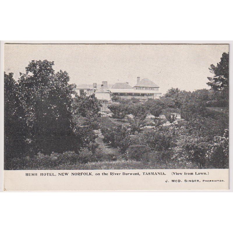 (FG1013) TASMANIA · c.1910: unused card advertising the BUSH HOTEL, NEW NORFOLK ON THE RIVER DERWENT (VIEW FROM LAWN) in fine condition