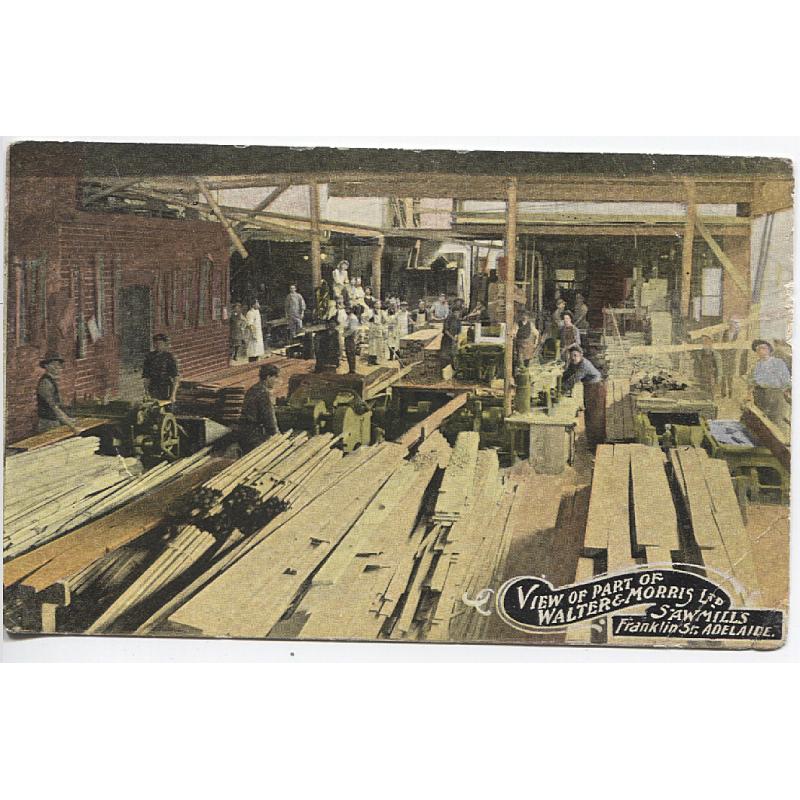 (FG1079) SOUTH AUSTRALIA · c.1910:  F.W. Niven advertising card VIEW OF PART OF WALTER & MORRIS SAWMILLS, FRANKLIN ST. ADELAIDE · postally used · please see full description · 'collectability' of this card remains high!
