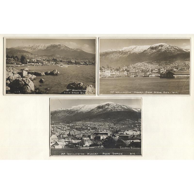 (FG15000) TASMANIA · 1920s/30s: 3 used real photo cards by D.I.C. (Fellowes) with different views of a snow-capped MT WELLINGTON · all cards are in excellent to fine condition (3)