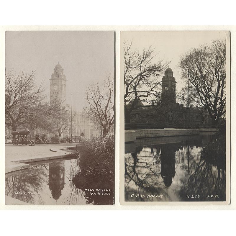 (FG15001) TASMANIA · 1910/40: two unused real photo cards by H.H. Baily and J.C. Breaden with similar views of the HOBART GPO, the photos taken from Franklin Square · both items are in fine condition (2)