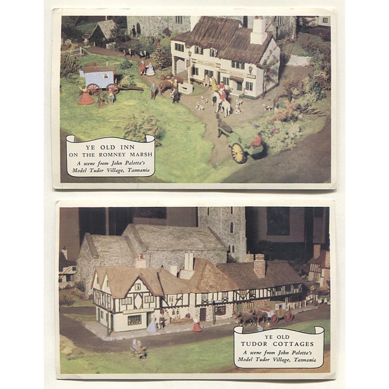 (FG15003) TASMANIA · 1960s: two colour cards printed by The Mercury, Hobart with interior views of John Palotta's MODEL TUDOR VILLAGE at Lower Sandy Bay · both cards are in VF condition (2)
