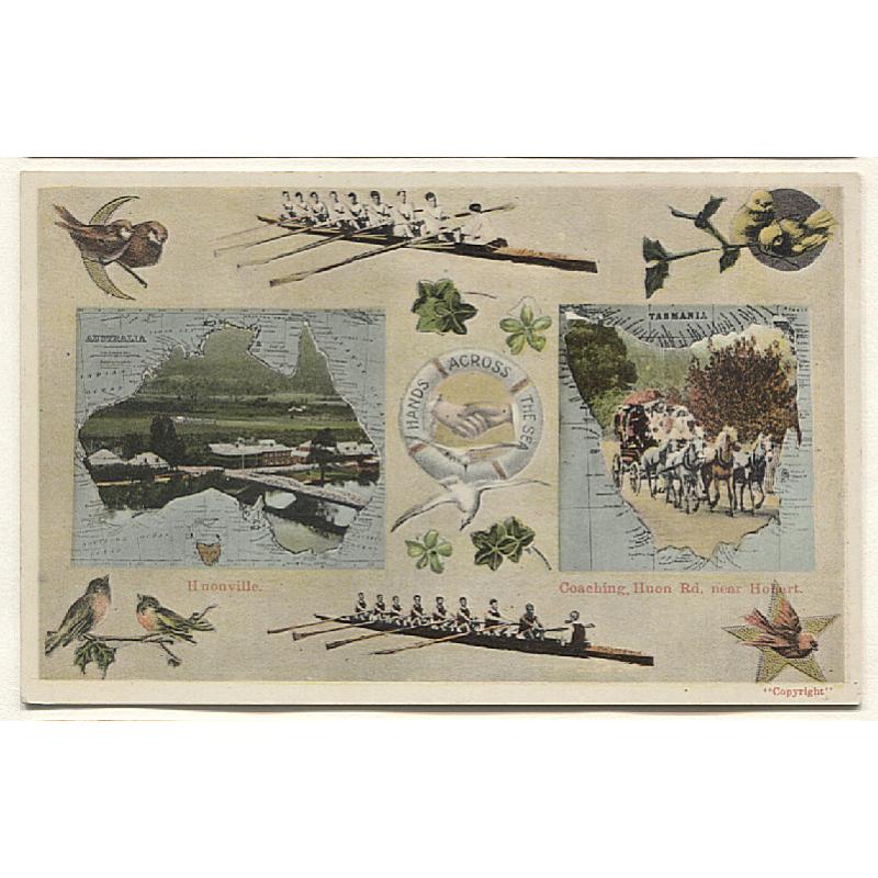 (FG15028) TASMANIA · c.1912: unused McVily & Little "Hands Across the Seas" card (No.84) with inserted views of HUON and COACHING, HUON ROAD .... - some v.minor foxing on the back o/wise in excellent condition