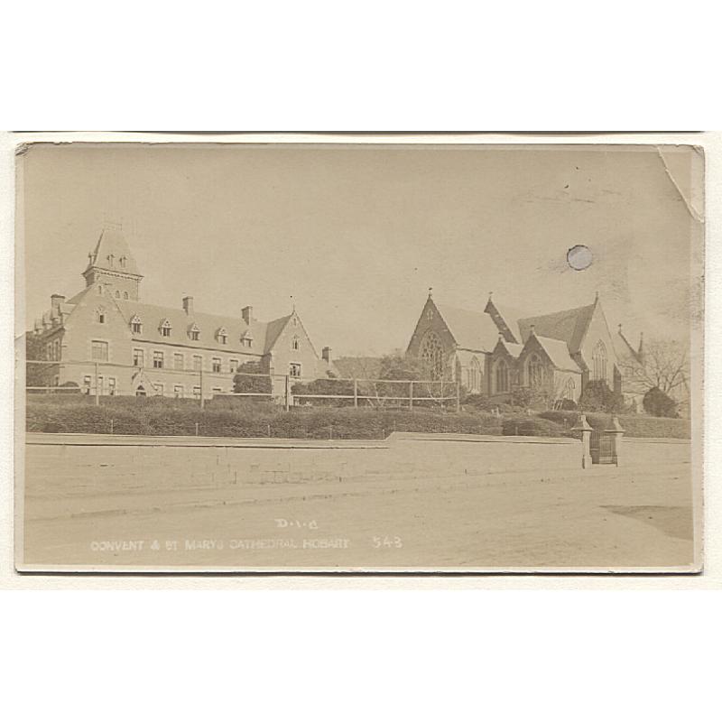(FG15029) TASMANIA · c.1920: unused real photo card by D.I.C. (Fellowes) numbered '543' with a view of the CONVENT & ST MARY'S CATHEDRAL HOBART · corner crease and printing fault but overall condition is excellent