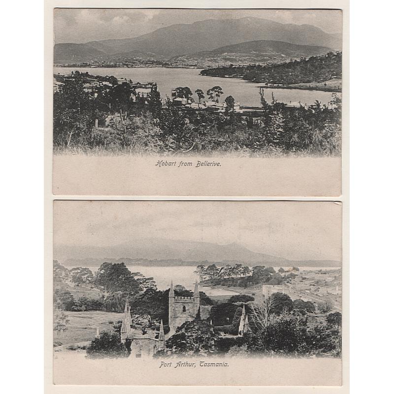 (FG15047) TASMANIA · c.1908: two unused cards by A. Mather & Co. w/views of PORT ARTHUR (No.3) and HOBART FROM BELLERIVE (No.8) both in fine condition (2)