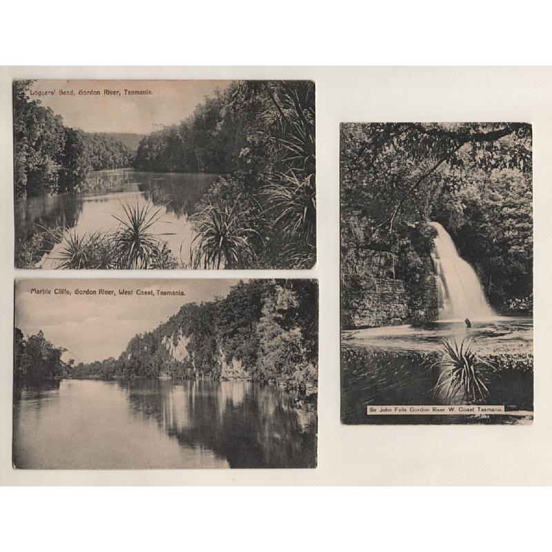 (FG15049) TASMANIA · c.1908: 3 cards by Spurling & Son with West Coast views - Sir John Falls (160), Marble Cliffs, Gordon River (155) and Logger's Bend (149) · some minor imperfection bit all are quite displayable (3)