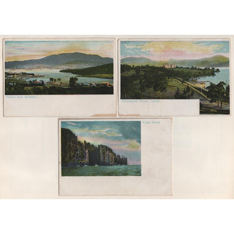 (FG15051) TASMANIA · c.1904: 3 unused undivided back cards with Southern Tasmanian Views (Cape RAOUL, etc.) by an unidentified publisher · some wear and other minor faults however the overall condition is VG to excellent (3)