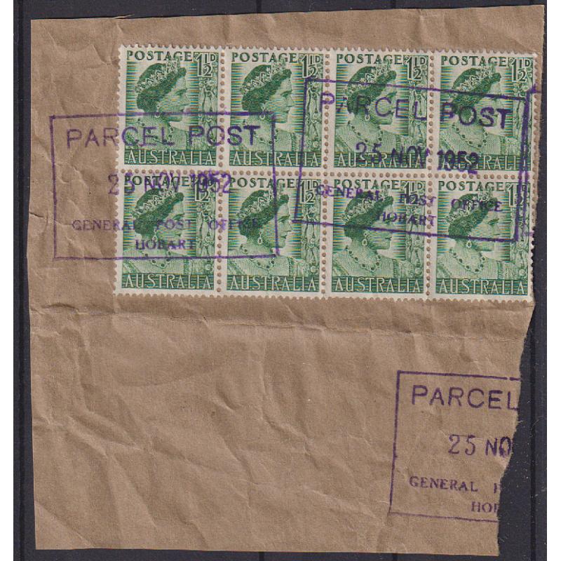 (FY1004) TASMANIA · 1952 (Nov 26th): two full clear strikes of the PARCEL POST · GENERAL POST OFFICE HOBART Type R5(iii) rubber datestamp on a parcel piece · this is a new late date