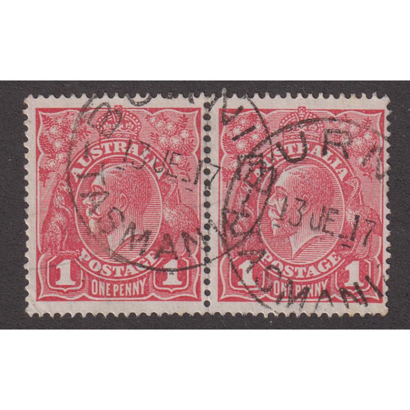 (FY1008) AUSTRALIA · 1917: 'dated' pair of 1d rose-carmine KGV defins (S Wmk) · LH unit has major plate variety SCRATCH BEHIND ROO BW 71(4)p .... see largest image