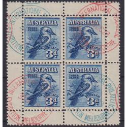 (FY1009) AUSTRALIA · 1928: 3d blue Kookaburra m/sheet SG MS106a c.t.o. with International Philatelic Exhibition Melbourne cds in blue and red ink · VF condition front and back · c.v. for FU m/sheet is £250 (2 images)