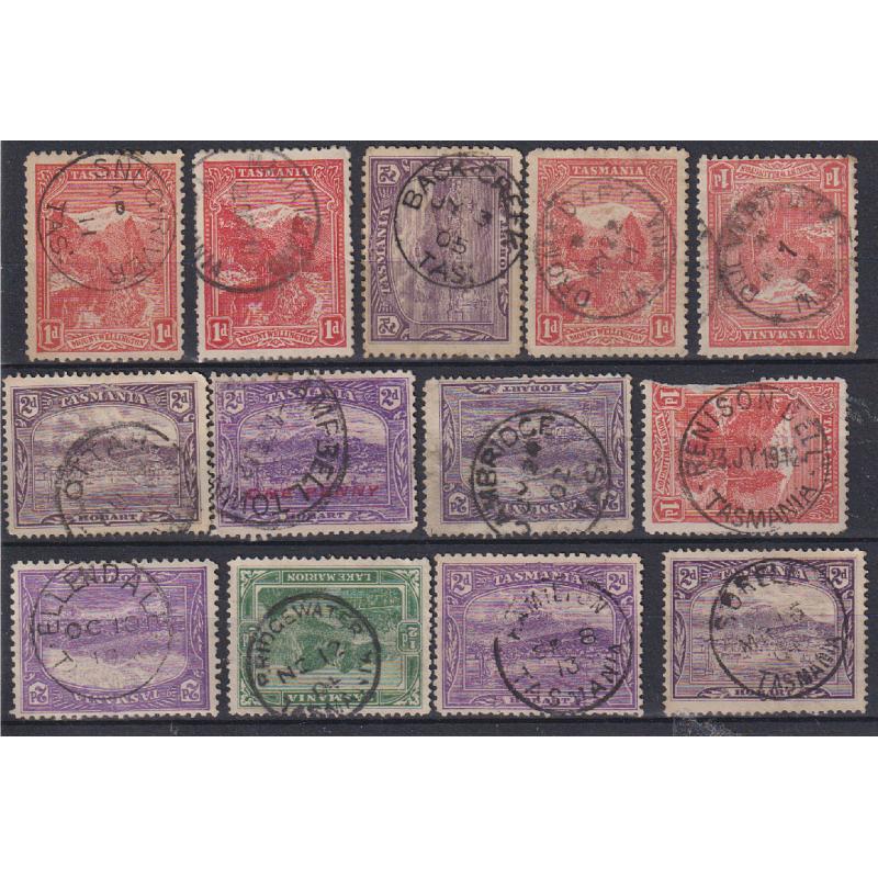 (GF1007) TASMANIA · a "Baker's Dozen" of postmarks on Pictorials  ..... includes scarcer such as MARIA ISLAND, BACK CREEK, DULVERTON and RENISON BELL - see full description (13)