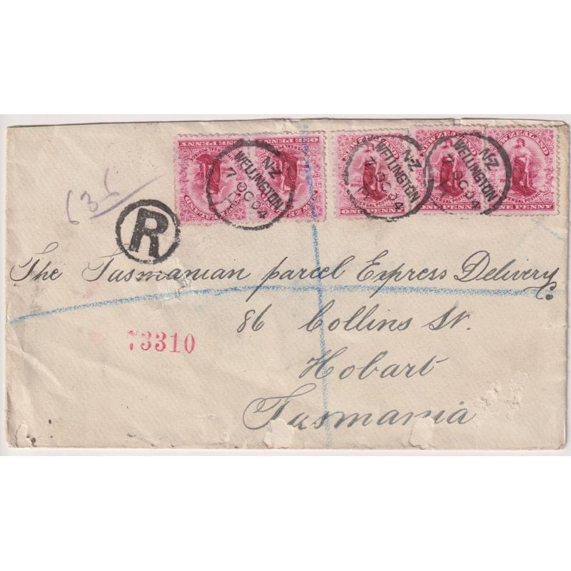 (GG1115) NEW ZEALAND · 1904: double rate registered cover mailed at Wellington to The Tasmanian Parcel Express Delivery Co., Hobart · usual spike-hole (mail to Tattersall) o/wise in excellent condition