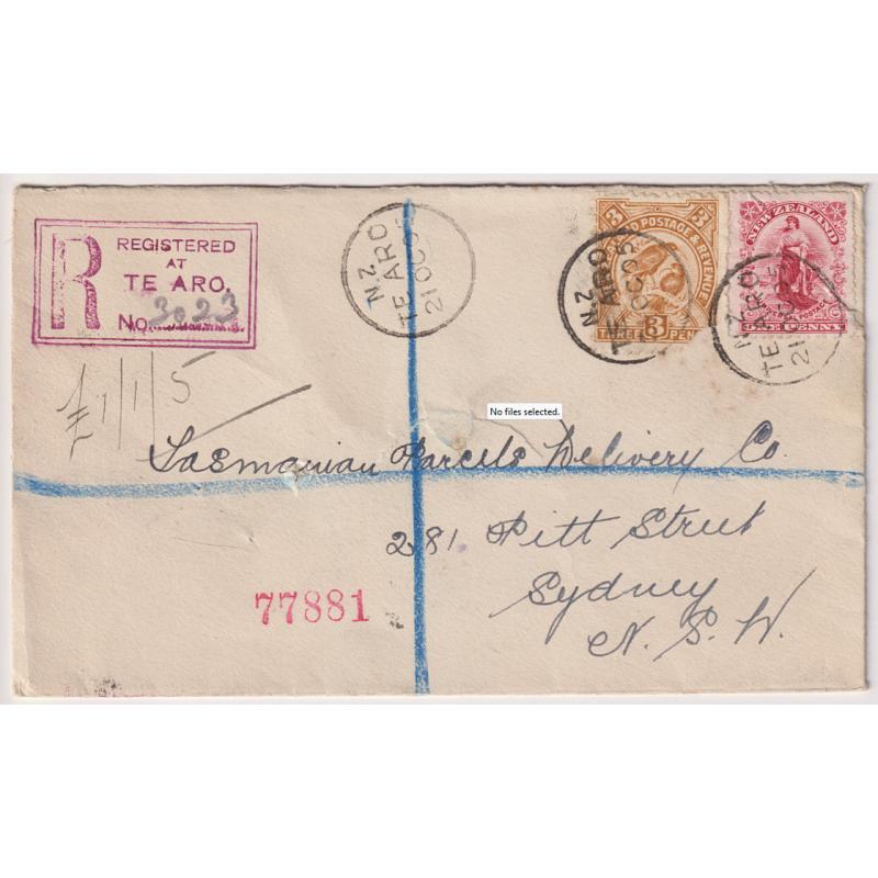(GG1116) NEW ZEALAND · 1905: near registered cover mailed from TE ARO to the Tasmanian Parcels Delivery Co. Sydney from where it was forwarded to Tattersalls Hobart - see full description
