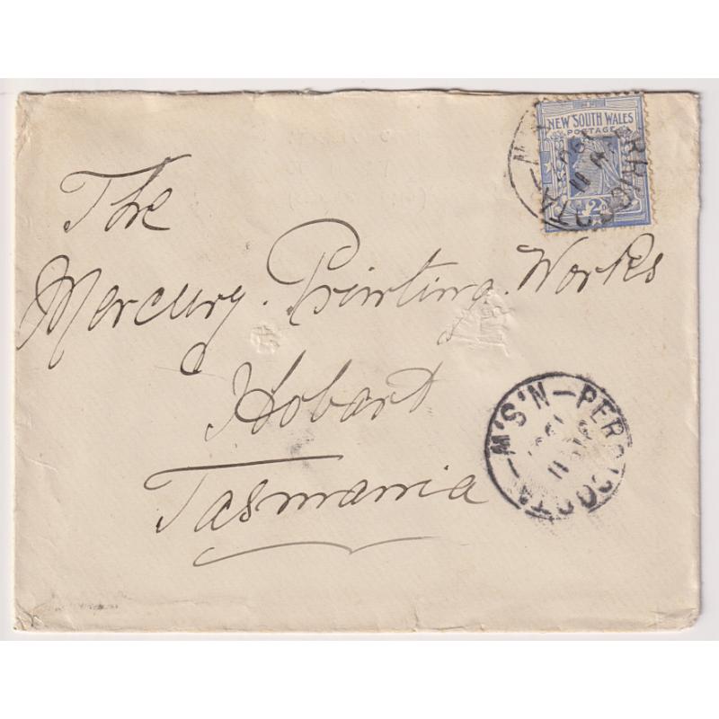 (GG1134) NEW SOUTH WALES · 1907: cover mailed at PERRICOOTA to Tattersall "alias" address, Hobart with two clear strikes of the scarce cds · MOAMA transit and Hobart arrival b/s · usual spike-holes o/wise in excellent condition