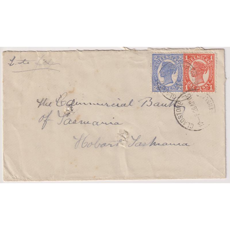 (GG1137) QUEENSLAND · 1905: cover to Tattersall "alias" address Hobart mailed at GLADSTONE · endorsed "Late Fee" with 3d total postage paid · usual spike-holes o/wise in excellent condition · nice QLD "usage" item