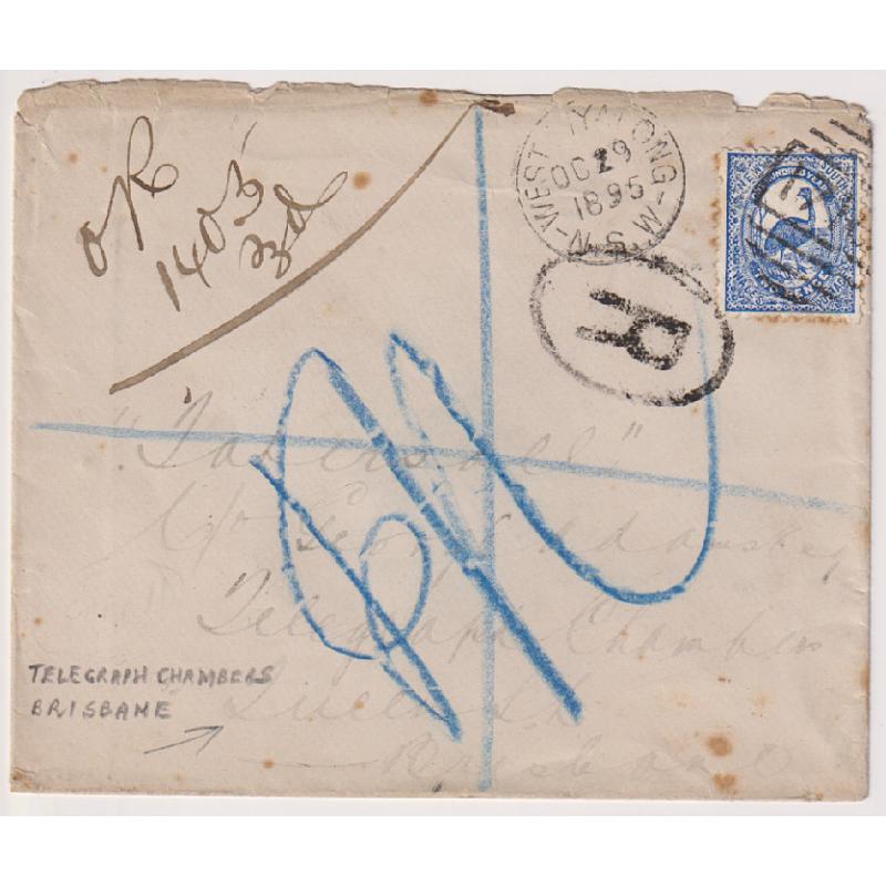 (GG1138) NEW SOUTH WALES · 1895: cover mailed at WEST WYALONG to TATTERSALL at BRISBANE · OFFICIALLY REGISTERED ("OR") and taxed 3d · condition as per largest image