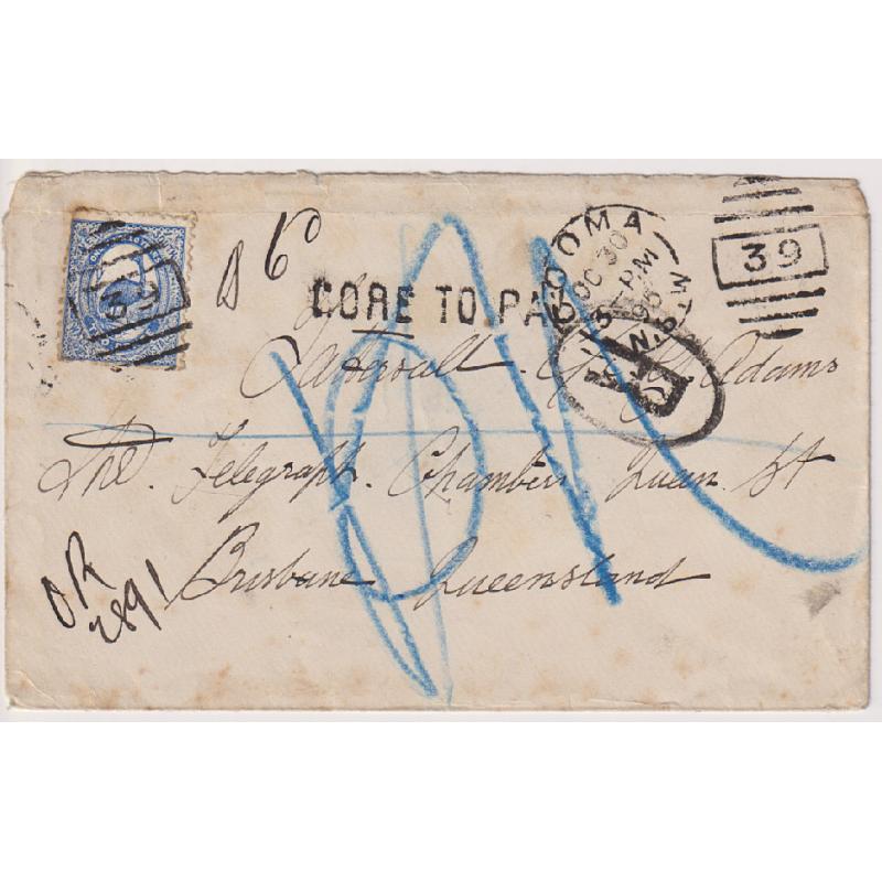 (GG1139) NEW SOUTH WALES · 1895: cover mailed at COOMA to TATTERSALL, BRISBANE · OFFICIALLY REGISTERED ("OR") and taxed 6d (MORE TO PAY h/s) · condition as per largest image