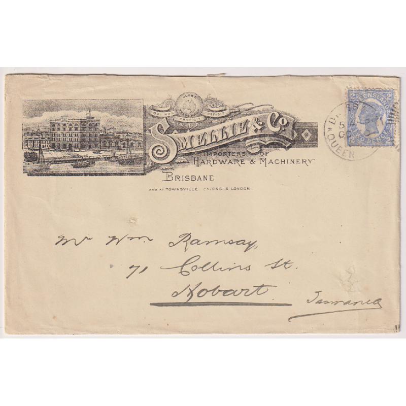 (GG1140 )QUEENSLAND · 1905: SMELLIE & CO. illustrated advertising cover mailed to a Tattersall "alias" address at Hobart · usual filing holes but these have been quite well repaired · see largest image
