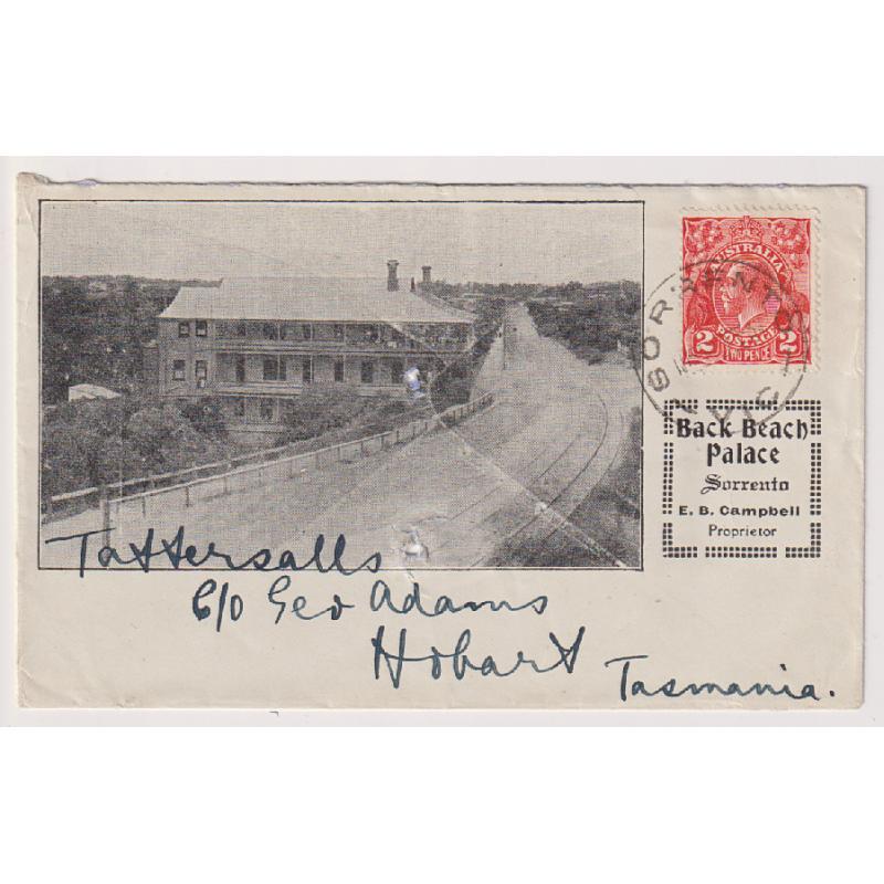 (GG1141) VICTORIA · 1931: BACK BEACH PALACE, SORRENTO advertising envelope mailed to Tattersalls, Hobart · usual filing holes (which could be improved) but an o/wise attractive item