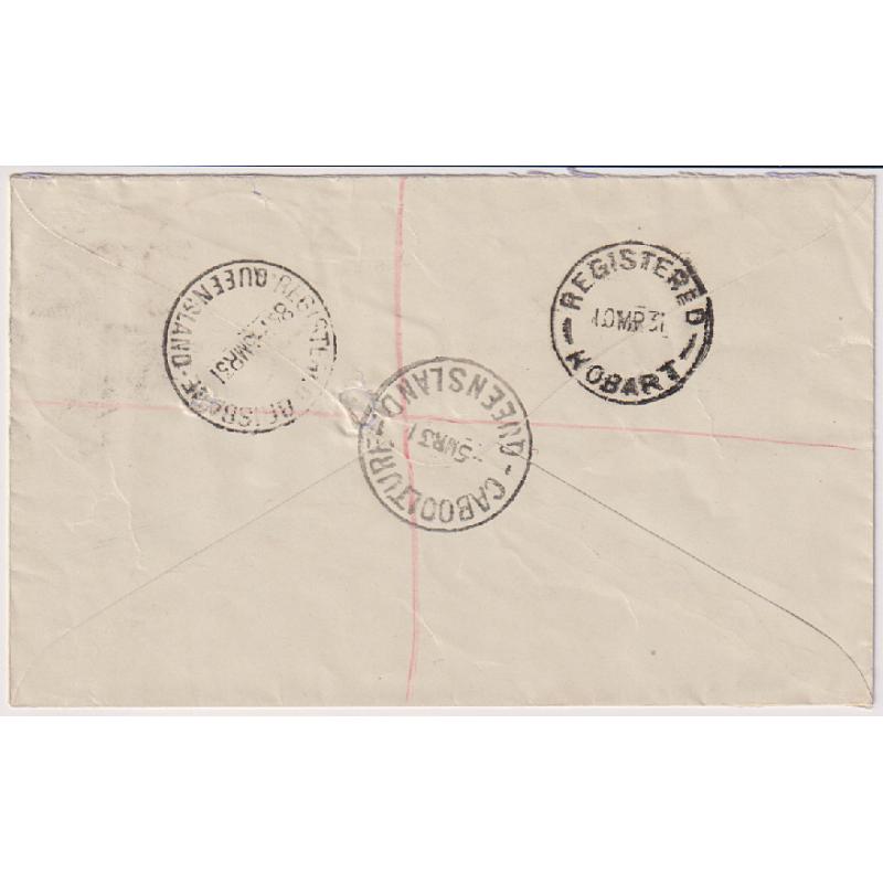 (GG1142) QUEENSLAND · 1931: post mail embargo registered cover to Tattersall, Hobart · Caboolture cds an blue/black reg. label · closed filing holes as per usual but quite attractive (2 images)