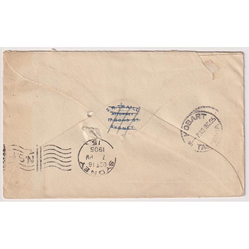 (GG1143) NEW SOUTH WALES · 1905: PHOENIX ASSURANCE COMPANY advertising envelope mailed to Tattersall "Alias" address at Hobart from Merriwa · usual spike-holes o/wise in excellent condition (2 images)