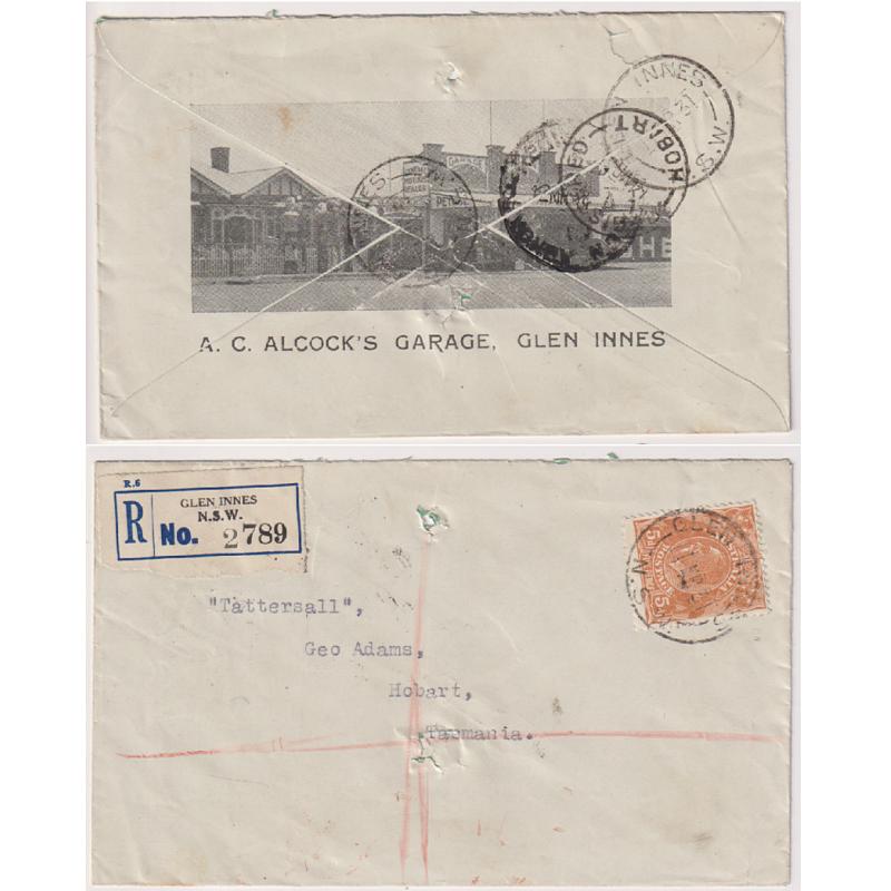 (GG1144) NEW SOUTH WALES · 1931: post mail embargo registered cover to Tattersall, Hobart mailed at GLEN INNES · usual filing holes o/wise in excellent condition · see full description