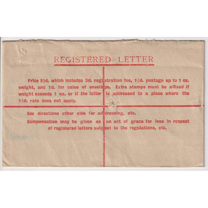 (GG1145) AUSTRALIA · 1931: FIVE PENCE of 4½d KGV registered letter envelope BW RE23 mailed at Perth to Tattersall, Hobart · closed spike-hole which could be repaired further · good space-filler with a c.v. of AU$750 (2 images)