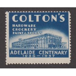 (GG1147) SOUTH AUSTRALIA · 1936: MNH commemorative poster stamp celebrating the Adelaide Centenary produced by COLTON'S STORE which was situated in Currie Street · VF condition front and back!