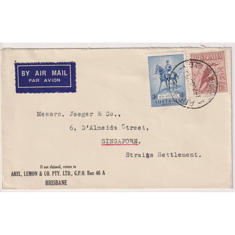 (GG1150) AUSTRALIA · 1935: attractive commercial air mail cover to SINGAPORE with 3d KGV S/Jubilee + 6d Kooka making up the correct rate for up to ½oz. - VF condition