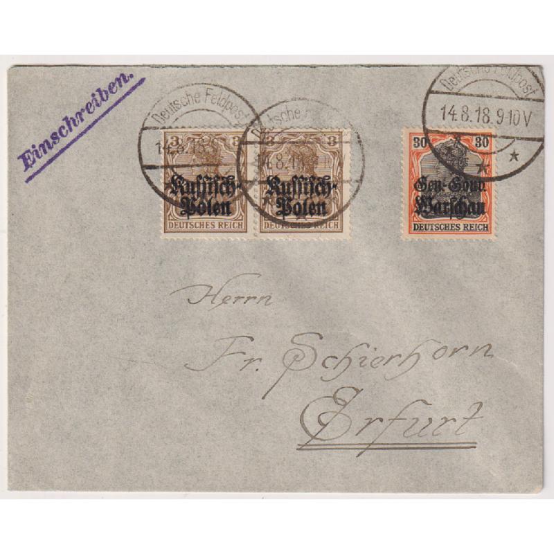 (GG1156) GERMAN OCCUPATION of POLAND  1918 registered FELDPOST cover to Erfurt bearing 3pf and 30pf Germania issues optd Russisch Polen and Gen-Gouv. Warschau respectively · VF condition