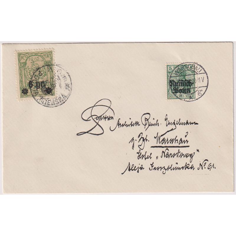 (GG1157) GERMAN OCCUPATION of POLAND  · WW I era philatelic cover with local issue surchd 6gr. and a 5pfg Germania optd "Russisch Polen" · VF condition · $5 STARTER!!