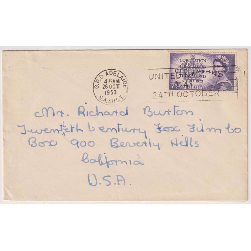 (GG1162) AUSTRALIA · 1953: neat cover addressed to film star Richard Burton with single 7½d QEII Coronation franking paying the sea mail rate to USA · rare single franking · nice condition