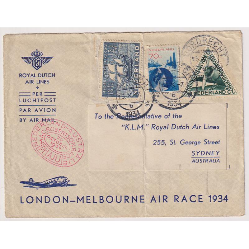 (GG1165) NETHERLANDS · 1934: cover carried on the KLM DC-2 "Uiver" in the England/Australia MacRobertson Air Race flown by K.D. Parmentier AAMC #444 · creased but quite displayable · flight cachets applied front and reverse (2 images)
