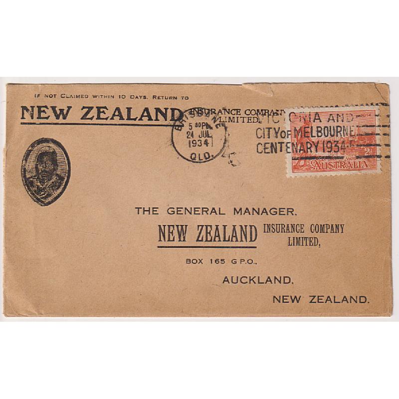 (GG1166) AUSTRALIA · 1934: used advertising cover from the New Zealand Insurance Co. addressed to Auckland · some peripheral faults but still very displayable