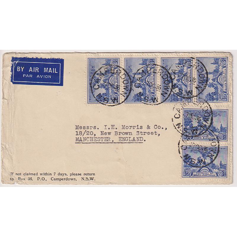 (GG1167) AUSTRALIA · 1936: commercial air mail cover to G.B. with 6x 3d SA Centenary commems · some minor peripheral wear from thickness of contents o/wise in excellent condition · attractive air mail item!
