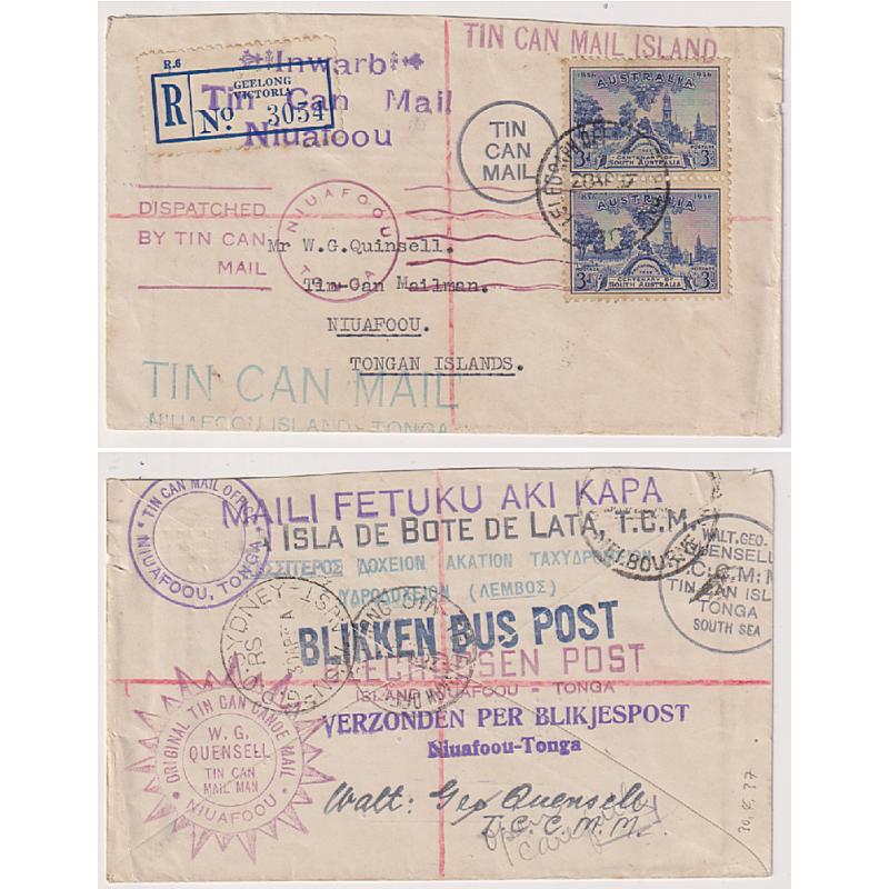 (GG1168) AUSTRALIA · TONGA  1937: registered cover to TONGA with an array of the usual "Quensell" h/stamps front & back · reduced at top but "inwards" covers tend to be harder to find · condition as per largest image