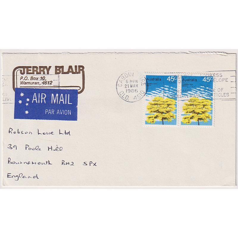 (GG1169) AUSTRALIA · 1986: commercial air mail cover to G.B. with 90c rate paid with a pair of 45c Tree pictorial definitive which was still "on issue" at this time · fine condition