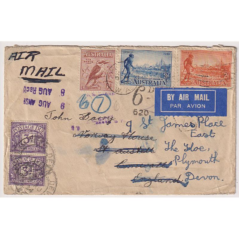 (GG1170) AUSTRALIA · GREAT BRITAIN  1934: taxed air mail cover to G.B. · double deficiency paid by addressee using a pair of 3d P/Dues · re-directed on arrival · condition as per largest image