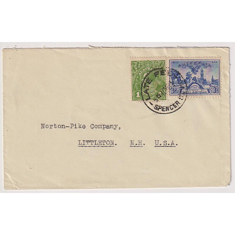 (GG1171) AUSTRALIA · 1937: neat commercial cover to USA with a 3d SA Centenary commem paying the sea mail rate and a 1d KGV defin paying the LATE FEE · fine condition