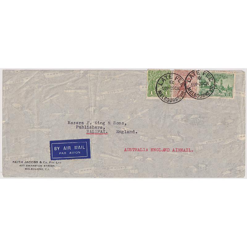 (GG1172L) AUSTRALIA · 1936: commercial air mail cover to G.B. with 1d KGV defin, 6d large Kooka and 1/- SA Centenary franking making up the rate for up to ½oz plus a Late Fee · see full description · overall appearance is excellent