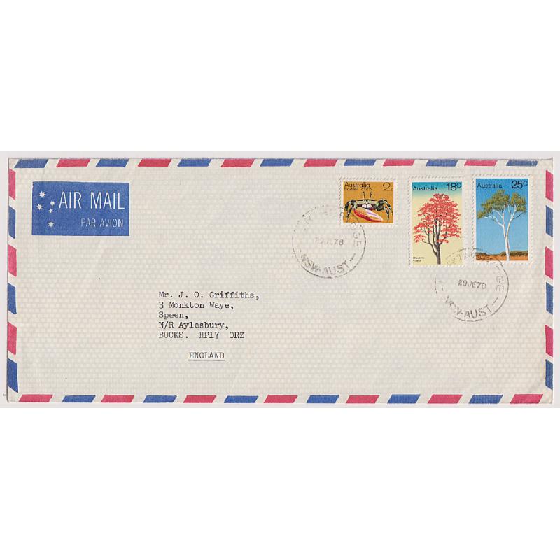 (GG1173L) AUSTRALIA · 1978: legal size envelope forwarded by air mail to G.B. with 18c & 25c Tree pictorial franking plus a 2c Crab making up the correct rate of 45c Zone 5 rate · fine condition