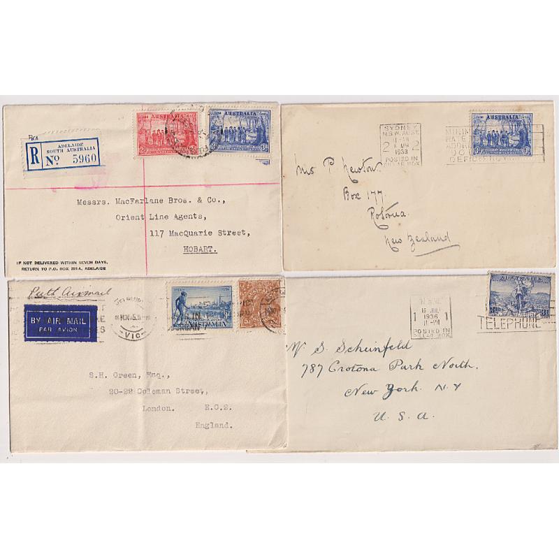 (GG1175) AUSTRALIA · 1935/38: 4 small covers bearing 3d commemoratives · 3 to overseas destinations and a registered item · condition as per largest image (4)